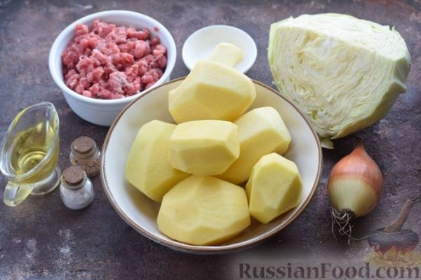 Картофельная запеканка с мясным фаршем и капустой
